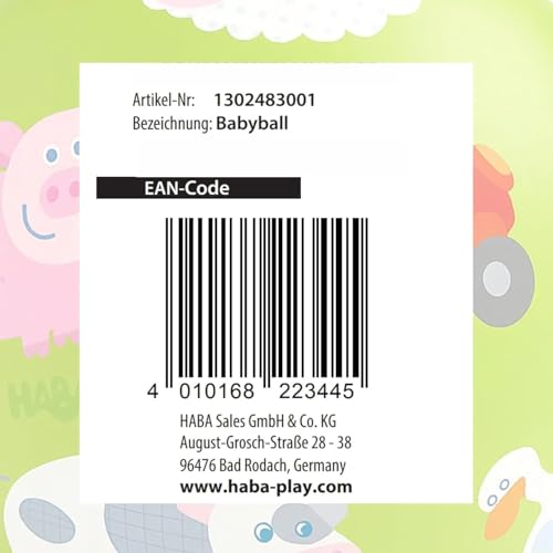 HABA Babyball Bauernhof – Weicher Greifball für Babys & Kleinkinder ab 6 Monaten – Spielerisches Fördern von Motorik & Koordination – 11 cm Durchmesser – 1302483001