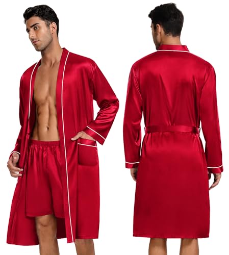 Image of SWOMOG Mens 3 PCS Satin Robe with Pants & Shorts Set Kimono Bathrobe Long Sleeve Sleepwear Pjs Sets with Pockets