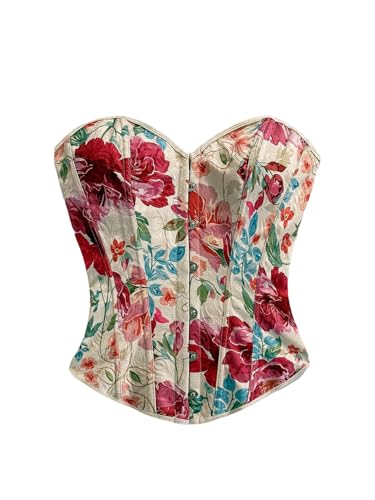 SOLY HUX Women's Boho Floral Strapless Tube Top Summer Lace Up Vintage Corset Tops Multicoloured Floral Large