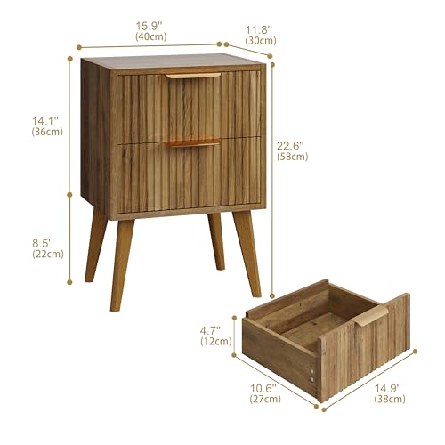 Image of YAUKOMEL Fluted Nightstand with 2 Drawers,Walnut Brown Modern Bedside Table