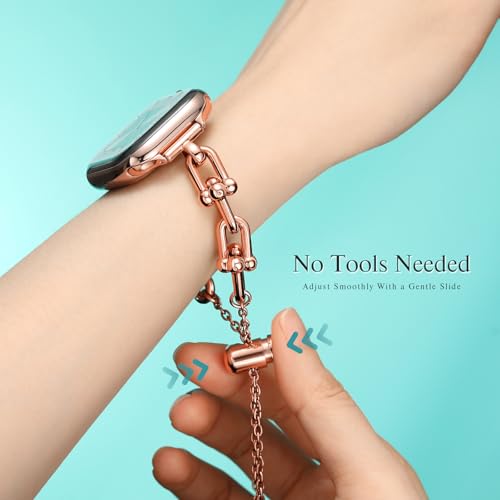 Image of Slim Bracelet for Apple Watch Series 11-3 SE 3 /2 /1 Ultra Women iwatch Bands | U-Shaped Jewelry Design, Push-Button Drawstring Lock, Fits 38 /40 /41 /42 /44 /45 /46 /49mm, Adjustable Length, Dressy Gift for Her