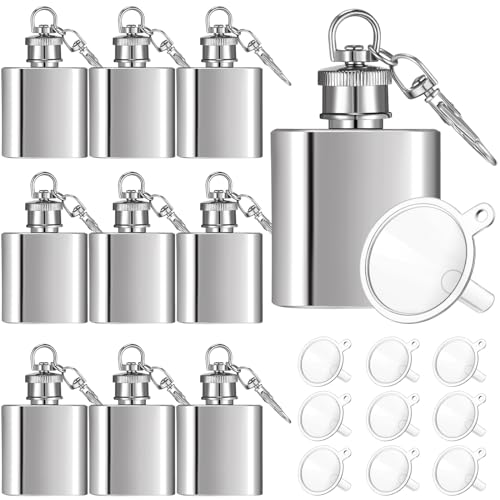 Bokon 10 Pcs Mini Keychain Flask Bulk 1oz Stainless Steel Hip Jar Pocket Hidden Flask for Liquor Men Women Groomsmen Gifts with 10 Plastic Funnels(Silver)