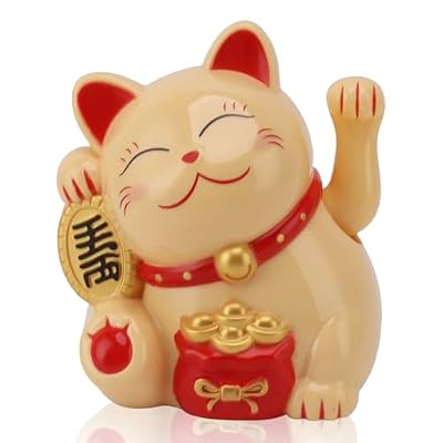 Jwthee Lucky Cat Waving Arm, 5.5in Electric Waving Lucky Fortune Cat Battery Operated Maneki Neko Chinese Waving Cat Cute Home Office Car Feng Shui Decor for Fortune Money and Good Luck