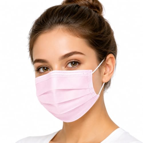MEGAPHONIC Einwegmasken 100 Stück 3-lagige Mund-Nasen-Masken Blau atmungsaktive Einwegmaske mit Ohrschlaufen Mundschutz für Alltag & Hygiene (100 Elastische Bänder Rosa)