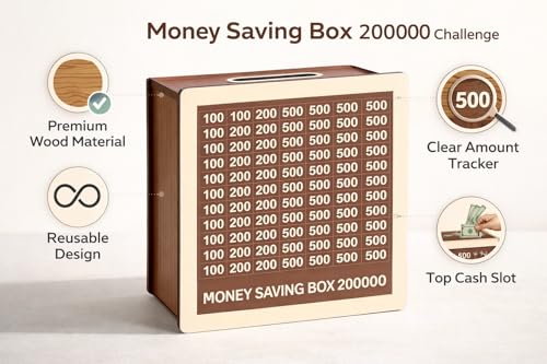 Image of Dr.MASHUR Wooden Money Saving Challenge Box with Printed Amount Board for Cash and Coin Collection, Reusable Saving Box for Kids and Adults (Pen 2lakh Money Box, 1, Count)