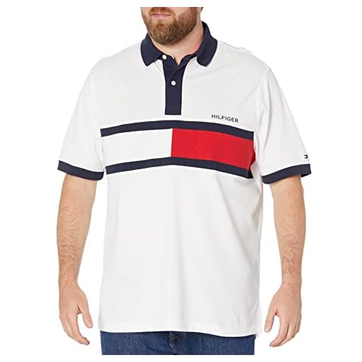 Tommy Hilfiger Camisa polo masculina grande e alta manga curta algodão piquê bandeira gráfica em ajuste regular, Branco clássico, 5G