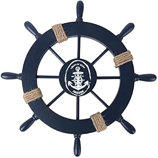TOYANDONA Mediterranean Ship Wheel Decorative Nautical Beach Wooden Boat Ship Wheel Helm Home Wall Party Decoration ( Dark Blue )