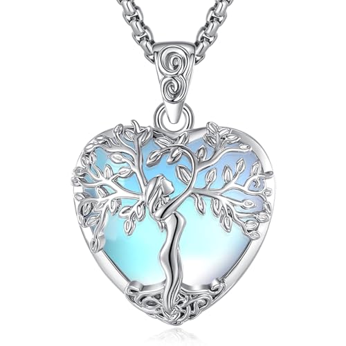 EUDORA Harmony Ball Cuore Albero Della Vita Collana di Pietra per la Luna per Donne Rame Placcato in Argento, Dea Materno Ciondolo di Cristallo Gioielli di Yoga Doni per Madri Mamma, 20 '+2'