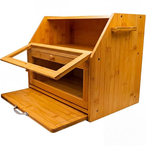 Maison Des Cadeaux Dual Compartment Bamboo Bread Bin Storage Rack with Sliding Chopping Board - Image 7