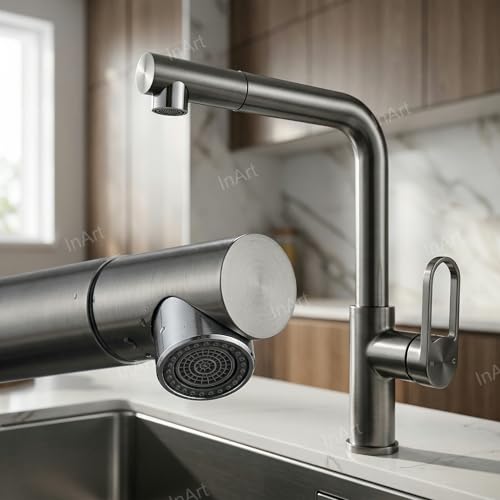 Image of INART Luxury Pull-Out Kitchen Faucet - Brass Mixer Tap with Dual Flow Modes, 360 Rotation & Hot /Cold Water Control | Gun Grey