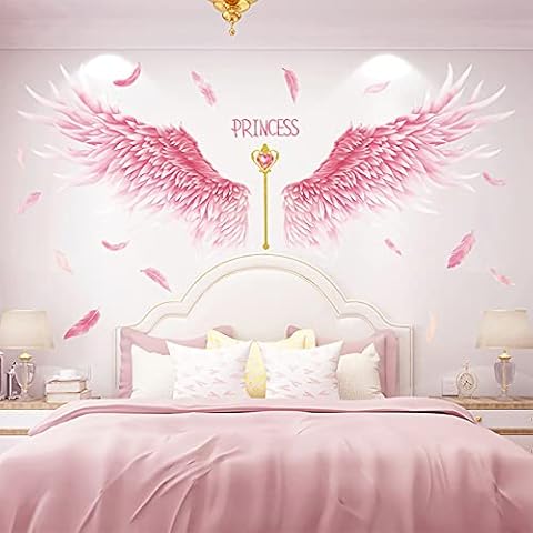 3D Pink Feathers Angel Wings Wall Decals, JOENCOST Princess Feather Creative Wall Stickers, Peel and Stick Removable Lovely Wall Decor Art Murals for Girls Baby Kids Bedroom Living Room Dinning Room Cover