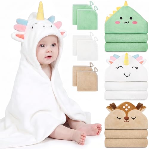 Image of 9 PCS Baby Bath Towels for Newborn Essentials (Dinosaur, Unicorn, Bear)