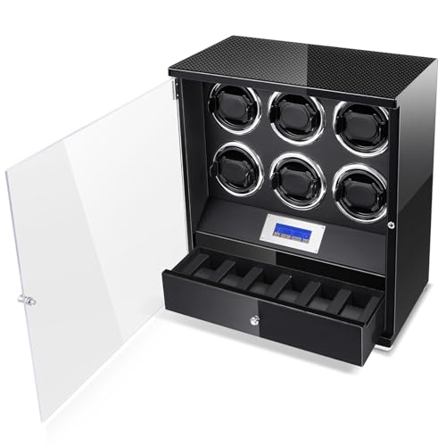 JQUEEN 6 Watch Winders for Automatic Watches, Adjustable Watch Pillows Black Piano Paint Vertical Winding Quiet Motor Watch Winders with 6 Watch Storages Drawer 5 TPD Modes