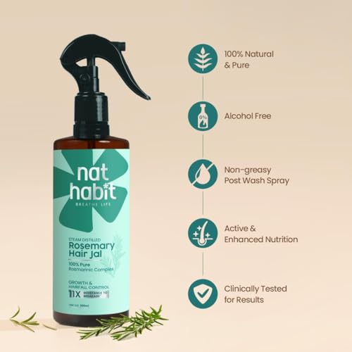 Image of Nat Habit Rosemary Hair Spray For Hair Fall Control | With 100% Pure Rosmarinic Actives | Rosemary Water Spray For Hair Growth | Soft & Smooth Hair | Controls Hairfall & Adds Shine | For All Hair Types | 200ml