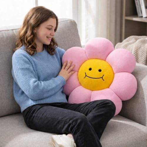 Image of AVSHUB Smiley Flower Cushion 40 cm | Soft Plush Pillow for Sofa Bed Decor | Cute Round Floral Shape Throw Cushion for Kids Room Living Room Gift Item (Pink)