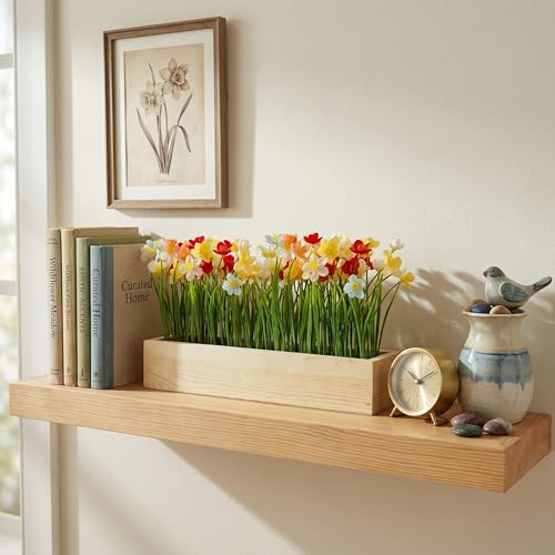 Image of Dekorly Artificial Grass Lily Arrangement with Wooden Planter (24 CM) | Premium Realistic Floral Decor for Table & Living Room | Stylish Indoor Decor for Living Room