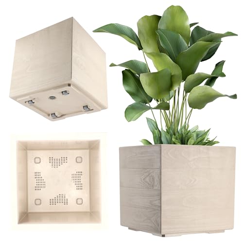 KADAX Pflanzkübel aus Kunststoff, 39x39cm, 7 Farben, quadratischer Blumentopf, Blumenkübel mit Rollen, Übertopf, Pflanzkasten mit Abflusskorken (Latte, Holzoptik)