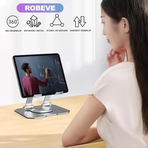 ROBEVE Tablet Standı 360 Derece Dönebilen Tablet Stand Katlanabilir Metal Tablet Tutucu Standı Tablet ve Telefon Tutucu Stant Tablet Tutucu Metal (Siyah) - Görsel 4