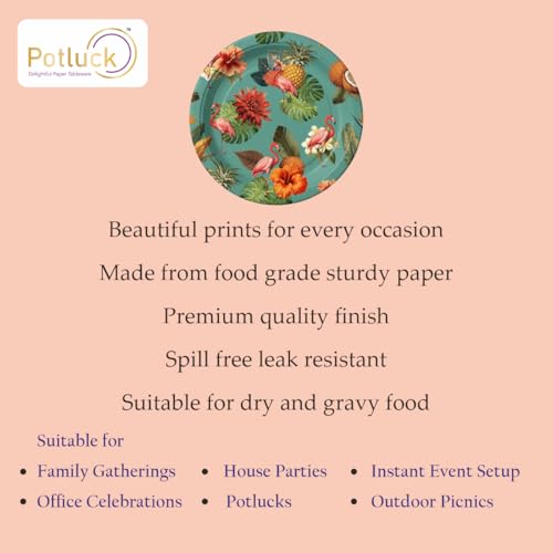 Image of Potluck Flamingo Grove Disposable Paper Plates | Pack of 10 | 9 Inch Strong Leakproof Food Grade Plate for Parties, Events, Snacks, Kids Animal Theme Party & Meal Serving Pack