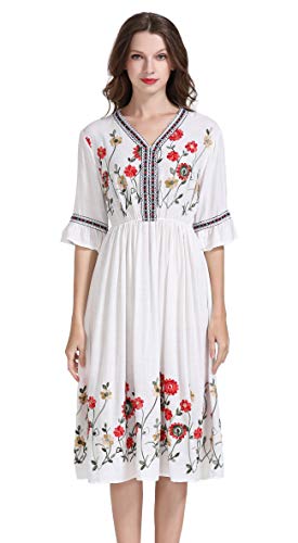 Image of Shineflow Women's Short Sleeve Mexican Embroidered Floral Pleated Midi A-line Cocktail Dress