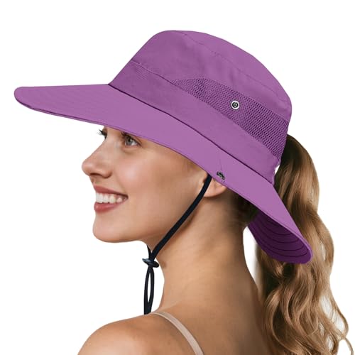 Image of NPQQUAN Ponytail Sun Hats for Women UPF 50+ Wide Visor UV Protection Packable Hat for Beach Hiking Gardening