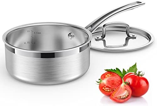 Stainless Steel Saucepan with Lid, Triple Ply 1.5 Quart Sauce pan with Cover Induction Cooking Sauce Pot Perfect for Making Sauces, Reheating Soups, Stocks, Cooking Grains - Dishwasher Safe Oven Safe