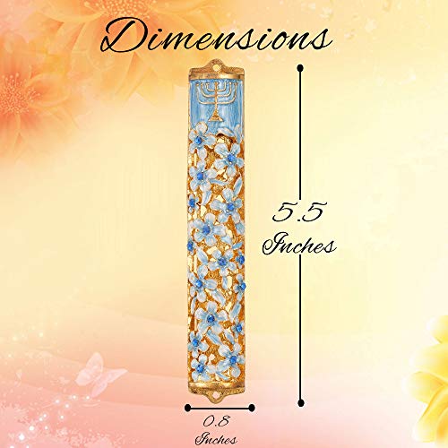 Matashi Hand Painted Blue And Ivory Enamel Flower Mezuzah Embellished With Gold Accents And Menorah Design Crystals Home Door Wall Decor Housewarming Present Gift For Festival(5.5 Inch) #TOP7