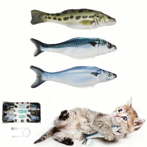 Satauko Realistic Floppy Fish Cat Toys 3 Pack Mini-Sized Moving Cat Toy Flopping Fish for Indoor Kitten Sardine/Saury/Bass Interactive Cat Toys Touch Activated Rechargeable.