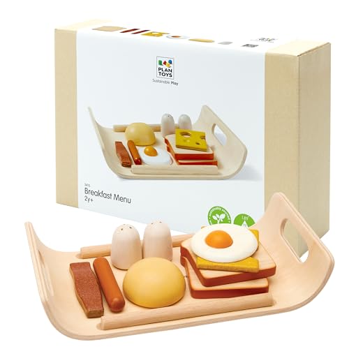 PlanToys® Wooden Play Food Breakfast Set for Kids | Pretend Cooking & Role-Play Toy with Bread, Egg, Sausage & More | Eco-Friendly Kitchen Toy for Imaginative Play & Fine Motor Skills