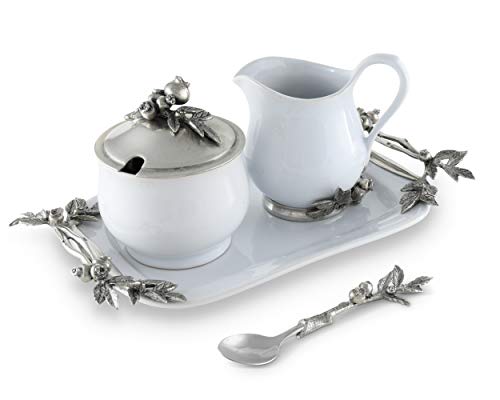 Vagabond House Stoneware Creamer Set - Pewter Blueberry 5 Pieces - Cream Pitcher, Lidded Sugar Bowl, Decorative Handle Sugar Spoon And Tray For Coffee And Tea 12.25 Inch Long Tray #TOP1