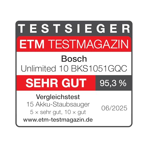 Bosch Akku-Staubsauger Unlimited 10 BKS1051GQC, kabellos, MicroClean Technology, TFT-Display, Staubkomprimierung, HEPA-Filtersystem, 10 J. Motorgarantie, 4 Ah Akku, LED-Licht, Schnellladegerät, grau