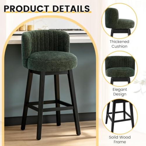 Image of COCO DESIGN 30 inch Green Swivel Bar Height Stools Set of 4 with Wood Legs | Mid Century Modern Style, Smooth Swivel Design, Chenille Upholstered Seat, Sturdy Solid Wood Legs, Bar Height For Island
