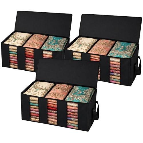 Image of Foldable Under Bed Clothes Organizer with 3 Dividers & Clear Window | Pack of 3 Storage Boxes with Handles | Underbed Clothes Storage Container for Blankets, Quilts, Clothes & Bedding | Black