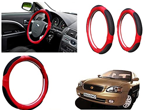 Image of Microfiber Car Steering Wheel Cover, Soft Padding Great Hand Feel, Anti-Slip, Faux Leather Steering Cover for Maruti Suzuki Baleno | Black Red Jali - Pack of 1