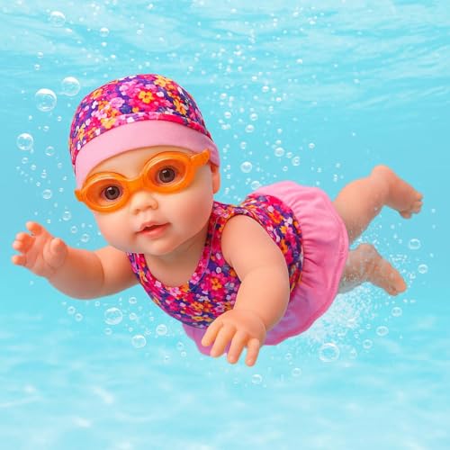 Toyana Swimming Doll - 15 Inch Lifelike Floating Baby Born Doll with Moving Arms & Legs for Bath Tub & Pool Cute Removable Costume Waterproof Swim Toy for Bathtime Play Fun Gift Ages 3-8