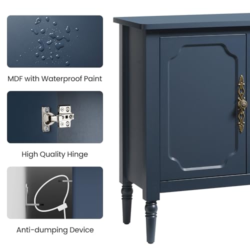 Image of FansaFurn Blue Storage Cabinet, Mid-Century Buffet Cabinet with 2 Doors & 3 Drawers, Accent Sideboard Cabinet with Adjustable Shelves & Turned Legs for Entryway, Living Room, Dining Room