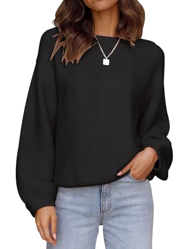 Image of ZESICA Women's Crew Neck Long Lantern Sleeve Fall 2026 Casual Loose Ribbed Knit Solid Soft Pullover Sweater Tops