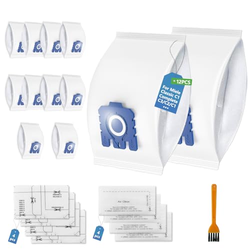 12 Pack Hoover Bags for Miele C3 C2 C1 Vacuum Cleaners GN Dust Bags Compatible with Hyclean GN Hyclean Pure & 3D Efficiency Complete C3 Replacement Bags with 4 Motor Filters & 4 Air Clean Filters