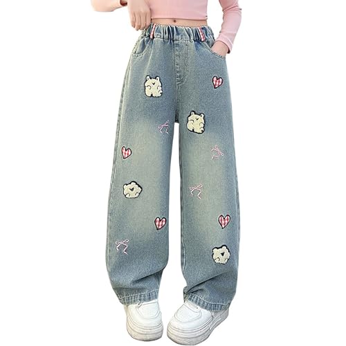 Girls Baggy Wide Leg Jeans Cute Embroidered Y2K Denim Pants High Elastic Waisted Casual Loose Streetwear Jeans Trousers