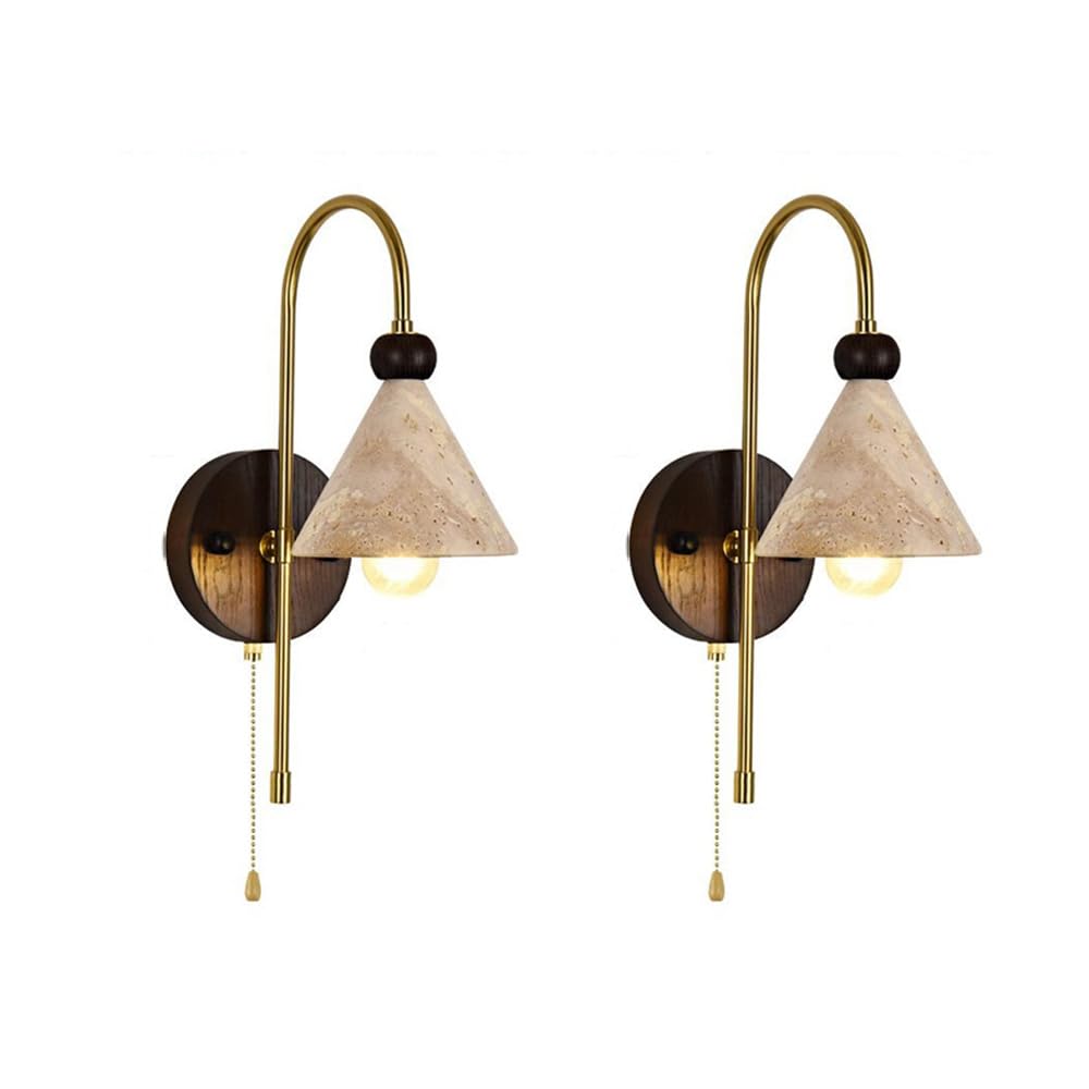 HUAYUSEDF American Retro Yellow Travertine Pull Chain Wall Sconce Natural Stone Wall Light E27/E26 Bedroom Wall Lamps Set of 2 for Bedside Living Room Background Wall Indoor Lighting