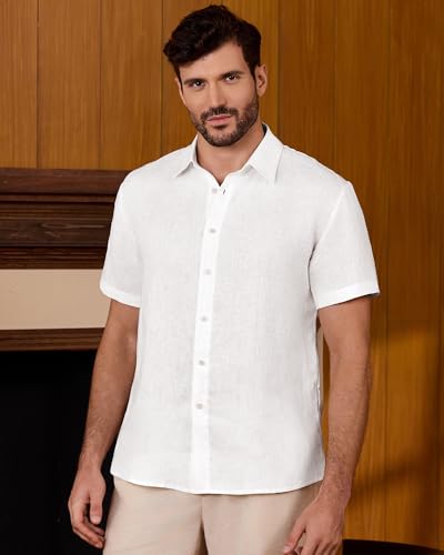 Kallspin Men's 100% Linen Button Down Shirts Casual Short Sleeve Tops Collared Summer Beach Shirts2