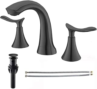 Widespread 3 Hole Matte Black Bathroom Faucet, Modern 8 Inch 2 Handle Black Bathroom Sink Faucet Solid Brass Lavatory Vanity Faucets with Water Hoses and Pop Up Drain