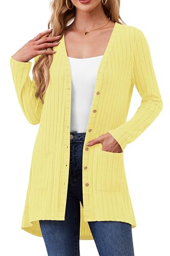 YuYukan Womens Cardigans Lightweight Long Sleeve Button Down Duster Casual Long Cardigan Outerwear with Pockets Spring Yellow XX-Large