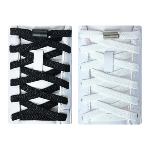 Olukssck 2 Paar Elastische Schnürsenkel Ohne Binden, Schuhbänder mit Metall Lock, Schnürsenkel Schnellverschluss für Kinder Erwachsene Schuhe, Schwarz+Weiß