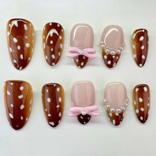 Short Almond Press on Nails - Cute Brown Spotted Fawn Deer Design