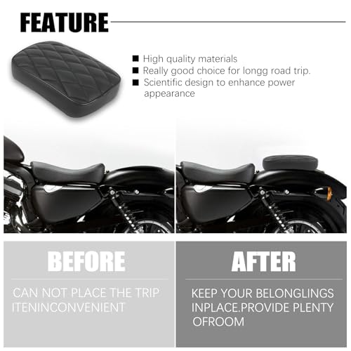 Image of Motorcycle Pillion Passenger Pad Seat, Black Rhombus Pattern Leather Pillion Pad w / 8 Suction Cup Rear Passenger Seat Compatible with Harley Custom Bikes and More