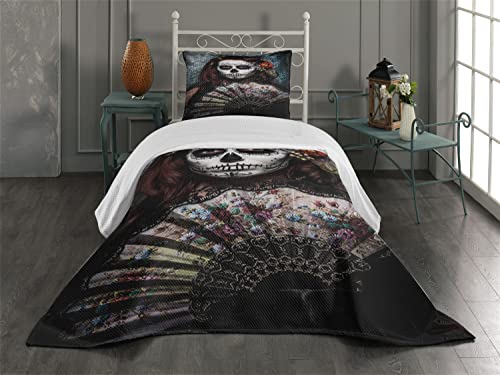 Ambesonne Day of The Dead Coverlet, Make up Artist Girl Skull Scary Roses Artwork Print, 2 Piece Decorative Quilted Bedspread Set with 1 Pillow Sham, Twin Size, Cadet Blue Maroon