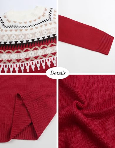 Image of Women's Fair Isle Sweater Crew Neck Long Sleeve Heart Sweater Vintage Tops
