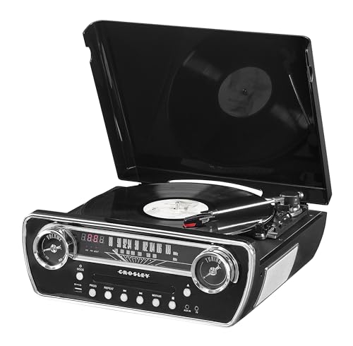 Image of Crosley CR6047A-BK Powel 7-in-1 Bluetooth in /Out Vinyl Record Player with AM /FM Radio, CD Player, and Aux-in, Black