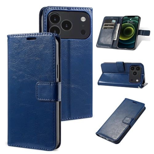 Étui portefeuille iPhone 14 Plus bleu foncé en cuir uni clapet